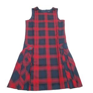 Lands End Plaid Red Blue Checker Button Pleated Lined Junior Women's Dress 12
